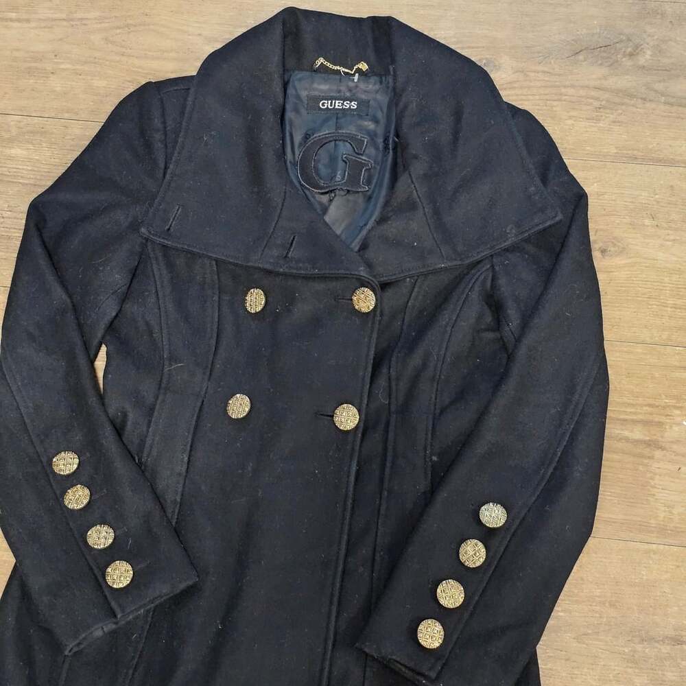 Guess Women's Black Wool Blend Peacoat with Gold Buttons and Oversized Collar S